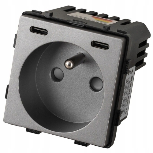 Module Stopcontact Met Aardpen Grijs + USB C+C-Lader 20W Voor Afdekramen MIUUN