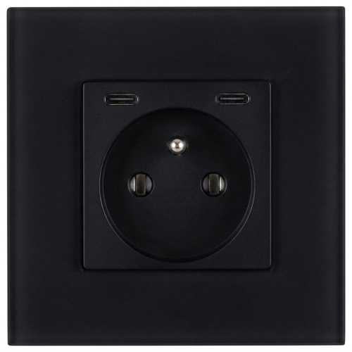 Stopcontact Glazen Mat + Dubbele USB C+C-Lader 20W Zwart MIUUN