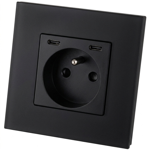 Stopcontact Glazen Mat + Dubbele USB C+C-Lader 20W Zwart MIUUN