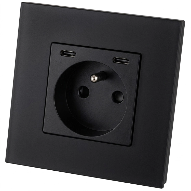 Stopcontact Glazen Mat + Dubbele USB C+C-Lader 20W Zwart MIUUN
