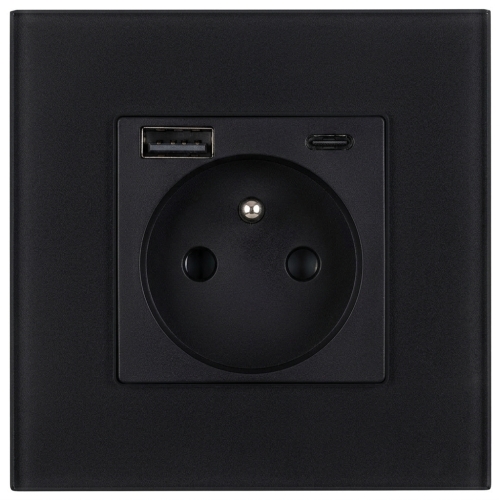Stopcontact Glazen Mat Met Aardpen + Dubbele USB A+C-Lader 20W MIUUN
