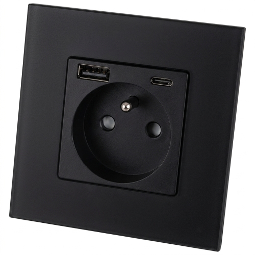 Stopcontact Glazen Mat Met Aardpen + Dubbele USB A+C-Lader 20W MIUUN
