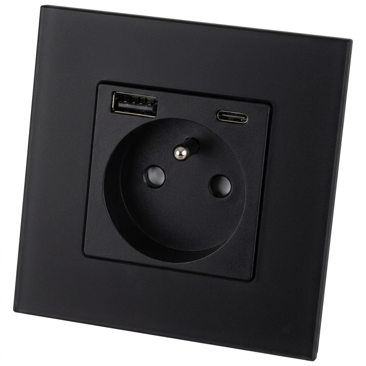 Stopcontact Glazen Mat Met Aardpen + Dubbele USB A+C-Lader 20W MIUUN