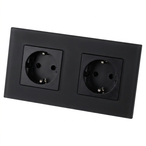 Dubbel Schuko-Stopcontact Glazen Mat Zwart En Tweevoudig Afdekraam 2 X Stopcontact