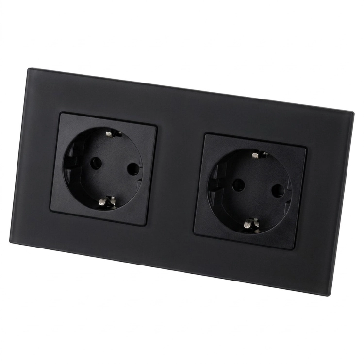 Dubbel Schuko-Stopcontact Glazen Mat Zwart En Tweevoudig Afdekraam 2 X Stopcontact