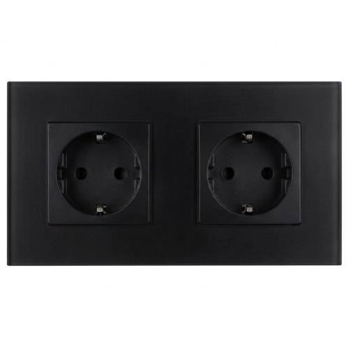 Dubbel Schuko-Stopcontact Glazen Mat Zwart En Tweevoudig Afdekraam 2 X Stopcontact