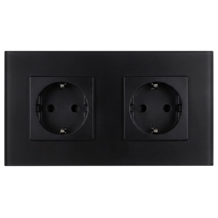 Dubbel Schuko-Stopcontact Glazen Mat Zwart En Tweevoudig Afdekraam 2 X Stopcontact