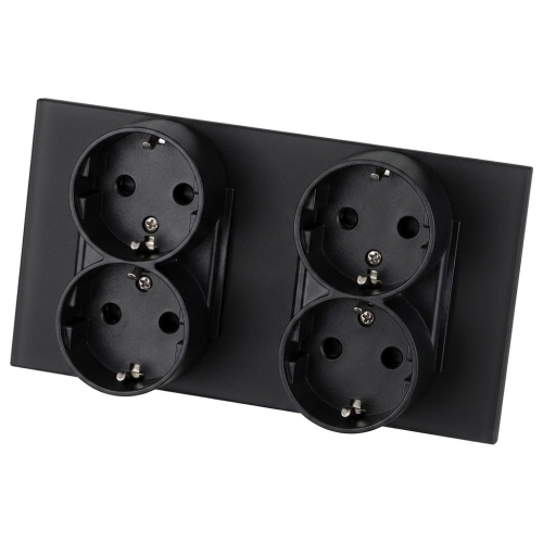 Stopcontact Viervoudig Glazen Mat Schuko Zwart En Tweevoudig Afdekraam 2 X Stopcontact
