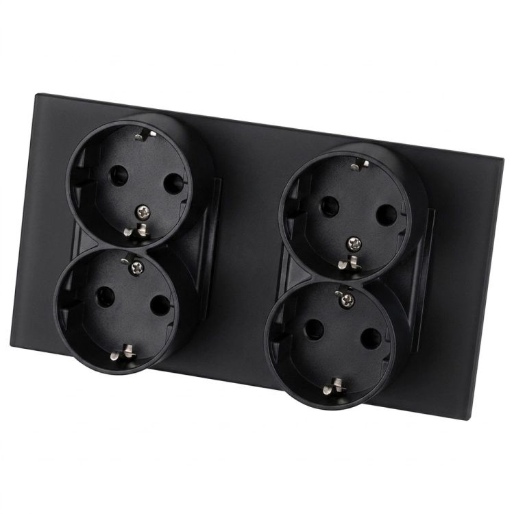 Stopcontact Viervoudig Glazen Mat Schuko Zwart En Tweevoudig Afdekraam 2 X Stopcontact