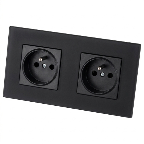 Stopcontact Dubbel Glazen Mat Zwart En Tweevoudig Afdekraam 2 X Stopcontact MIUUN