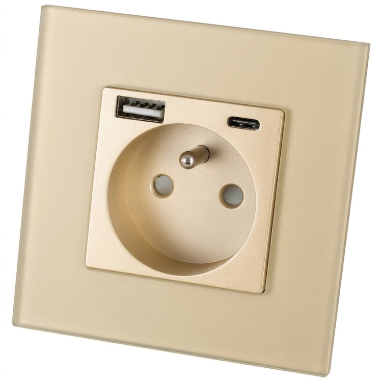 Matglazen Stopcontact Met Aardpen + Dubbele USB A+C-Lader 20W MIUUN