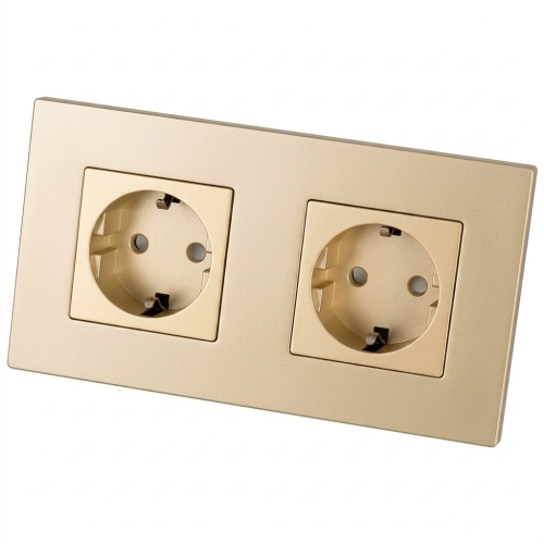 Dubbel Glazen Mat Schuko-Stopcontact Goud En Tweevoudig Afdekraam 2 X Stopcontact