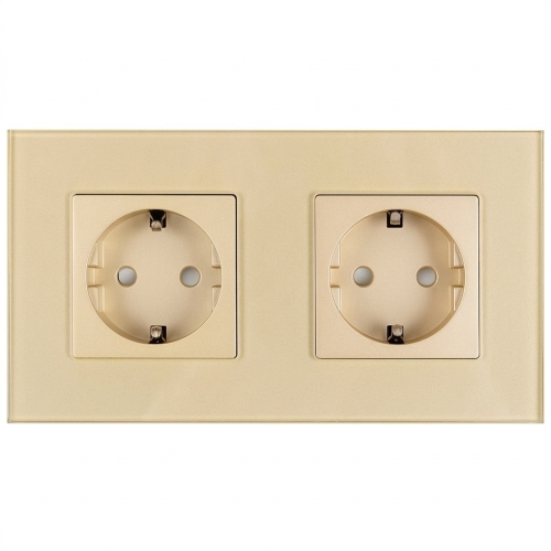 Dubbel Glazen Mat Schuko-Stopcontact Goud En Tweevoudig Afdekraam 2 X Stopcontact