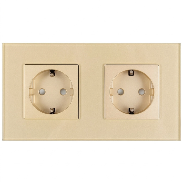 Dubbel Glazen Mat Schuko-Stopcontact Goud En Tweevoudig Afdekraam 2 X Stopcontact