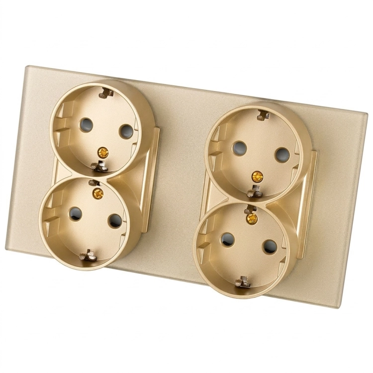 Viervoudig Glazen Mat Schuko-Stopcontact Goud En Tweevoudig Afdekraam 2 X Stopcontact