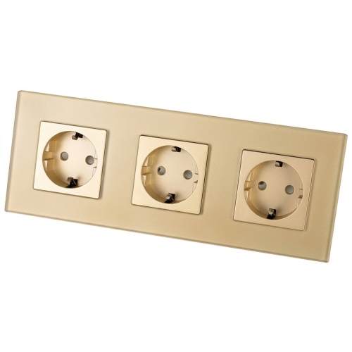 Drievoudig Glazen Mat Schuko-Stopcontact Goud Drievoudig Afdekraam En 3 X Stopcontact