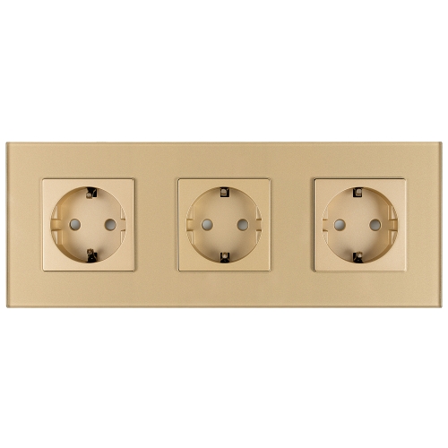 Drievoudig Glazen Mat Schuko-Stopcontact Goud Drievoudig Afdekraam En 3 X Stopcontact
