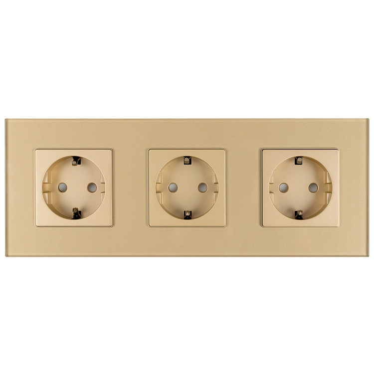 Drievoudig Glazen Mat Schuko-Stopcontact Goud Drievoudig Afdekraam En 3 X Stopcontact