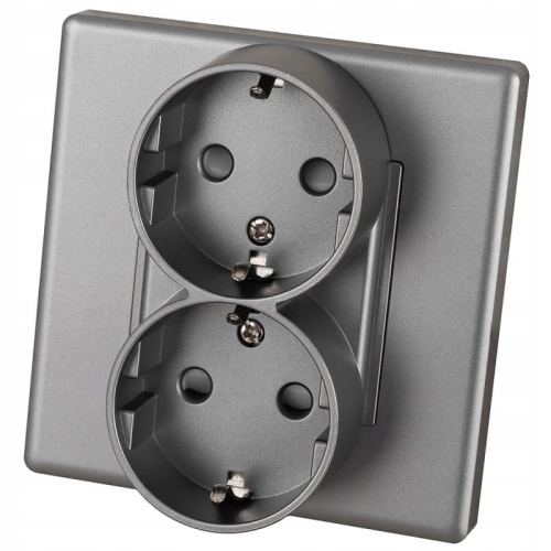 Dubbel Schuko-Stopcontact Grijs Met Randaarde Zonder Aardpen Set Met PVC-Afdekraam MIUUN