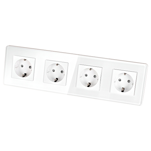 Viervoudig Glazen Hoogglans Schuko-Stopcontact Wit Viervoudig Afdekraam En 4 X Stopcontact