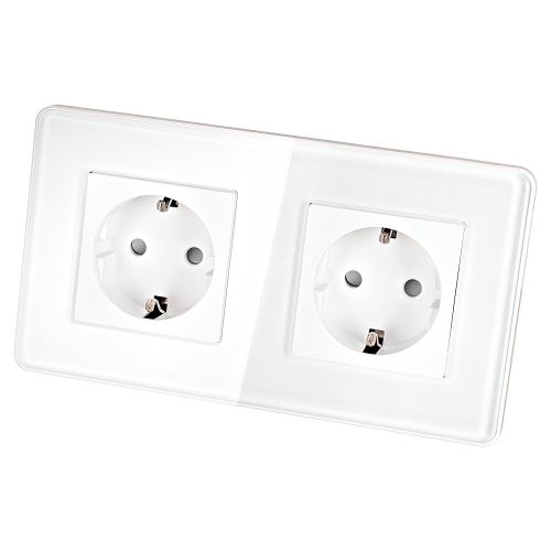 Dubbel Glazen Hoogglans Schuko-Stopcontact Wit En Tweevoudig Afdekraam 2 X Stopcontact