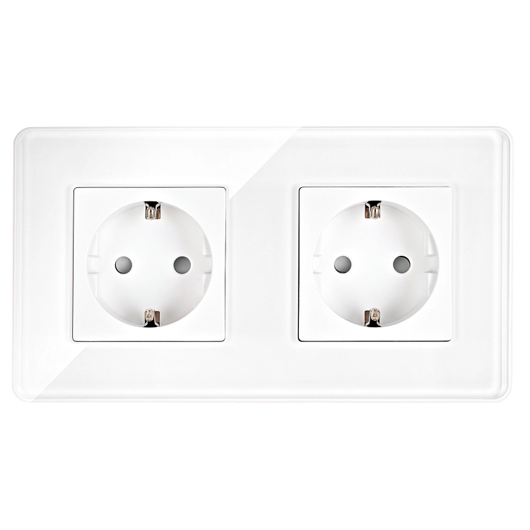 Dubbel Glazen Hoogglans Schuko-Stopcontact Wit En Tweevoudig Afdekraam 2 X Stopcontact