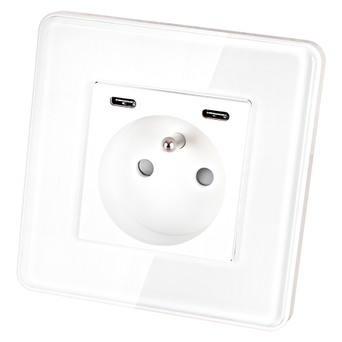 Glazen Hoogglans Stopcontact + Dubbele USB C+C-Lader 20W Wit MIUUN