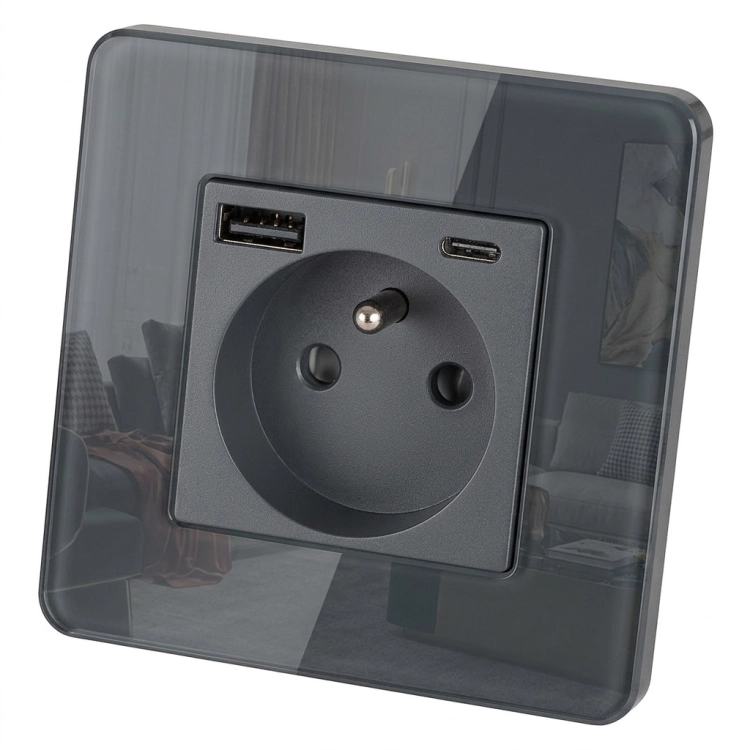Glazen Hoogglans Stopcontact Met Aardpen + Dubbele USB A+C-Lader 20W MIUUN
