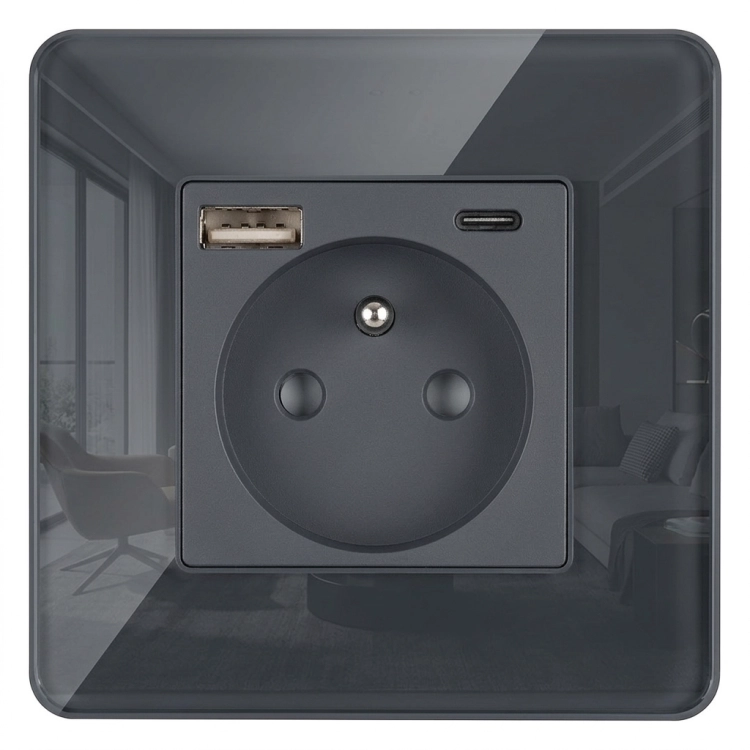 Glazen Hoogglans Stopcontact Met Aardpen + Dubbele USB A+C-Lader 20W MIUUN