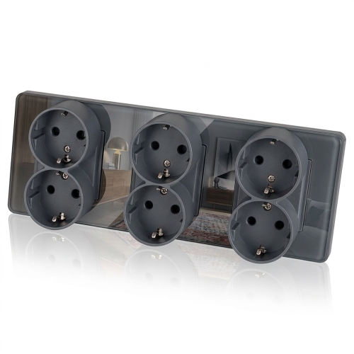 Drievoudig Glazen Hoogglans Schuko-Stopcontact Grijs Drievoudig Afdekraam En 3 X Stopcontact
