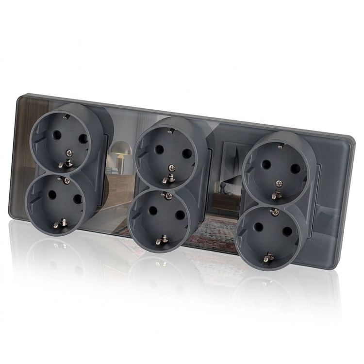 Drievoudig Glazen Hoogglans Schuko-Stopcontact Grijs Drievoudig Afdekraam En 3 X Stopcontact