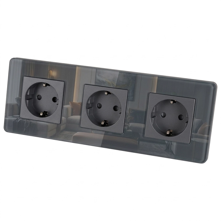 Drievoudig Glazen Hoogglans Schuko-Stopcontact Grijs Drievoudig Afdekraam En 3 X Stopcontact