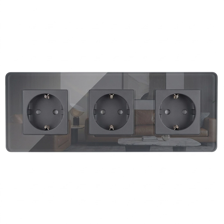 Drievoudig Glazen Hoogglans Schuko-Stopcontact Grijs Drievoudig Afdekraam En 3 X Stopcontact