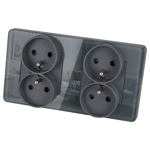 Viervoudig Glazen Hoogglans Stopcontact Grijs En Tweevoudig Afdekraam 2 X Stopcontact MIUUN