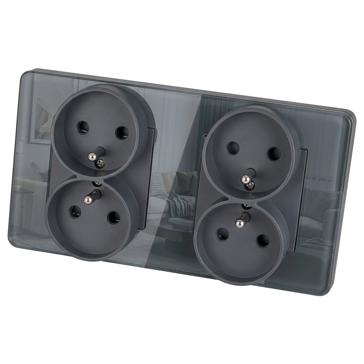 Viervoudig Glazen Hoogglans Stopcontact Grijs En Tweevoudig Afdekraam 2 X Stopcontact MIUUN