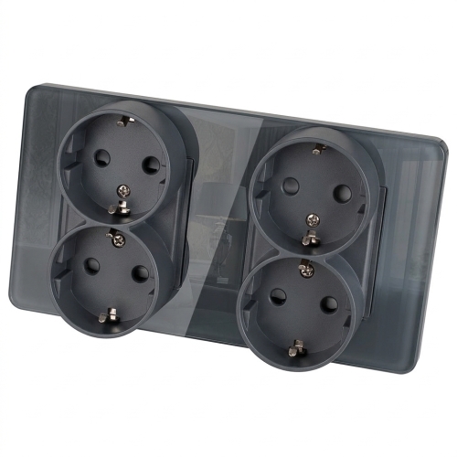 Dubbel Glazen Hoogglans Schuko-Stopcontact Grijs En Tweevoudig Afdekraam 2 X Stopcontact