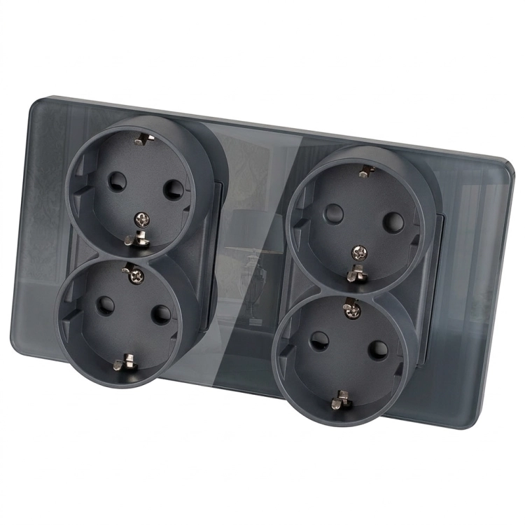Dubbel Glazen Hoogglans Schuko-Stopcontact Grijs En Tweevoudig Afdekraam 2 X Stopcontact