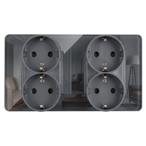 Dubbel Glazen Hoogglans Schuko-Stopcontact Grijs En Tweevoudig Afdekraam 2 X Stopcontact