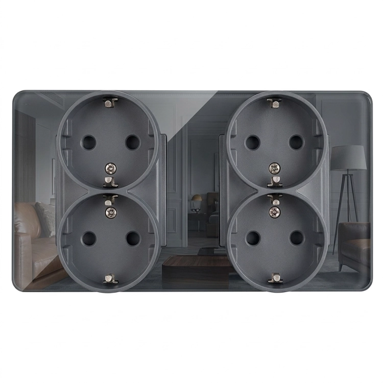 Dubbel Glazen Hoogglans Schuko-Stopcontact Grijs En Tweevoudig Afdekraam 2 X Stopcontact