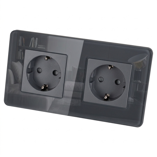 Dubbel Glazen Hoogglans Schuko-Stopcontact Grijs En Tweevoudig Afdekraam 2 X Stopcontact