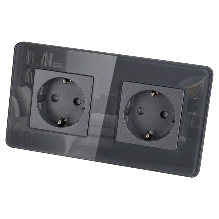 Dubbel Glazen Hoogglans Schuko-Stopcontact Grijs En Tweevoudig Afdekraam 2 X Stopcontact
