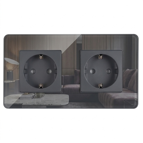 Dubbel Glazen Hoogglans Schuko-Stopcontact Grijs En Tweevoudig Afdekraam 2 X Stopcontact