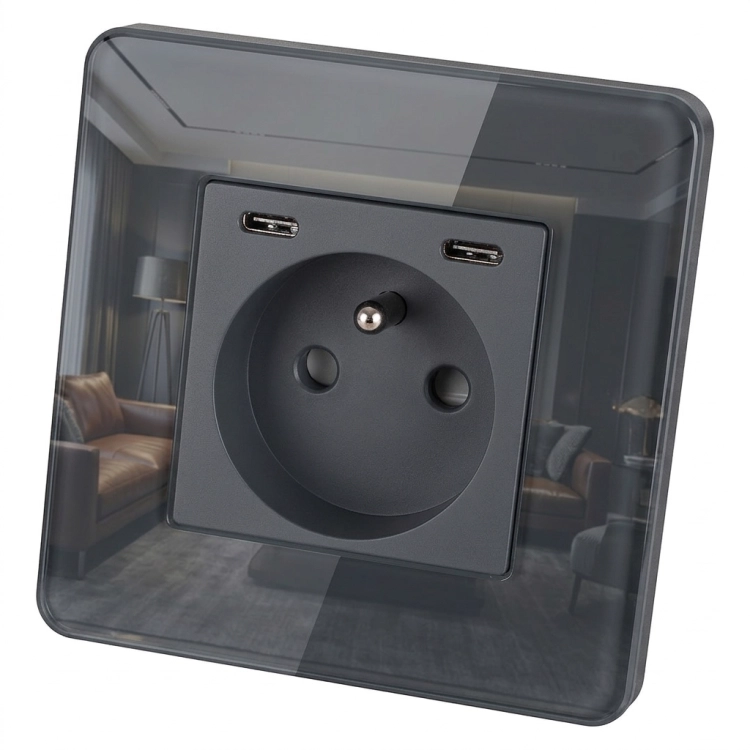 Stopcontact Van Glas Glanzend + Dubbele USB C+C-Lader 20W Grijs MIUUN