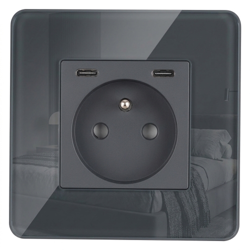 Stopcontact Van Glas Glanzend + Dubbele USB C+C-Lader 20W Grijs MIUUN