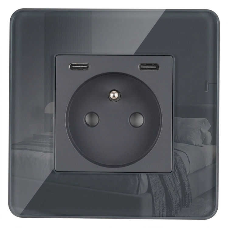 Stopcontact Van Glas Glanzend + Dubbele USB C+C-Lader 20W Grijs MIUUN