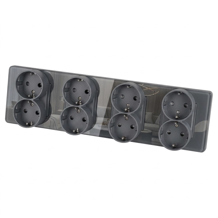 Viervoudig Schuko-Stopcontact Glas Glans Grijs Viervoudig Afdekraam En 4 X Stopcontact