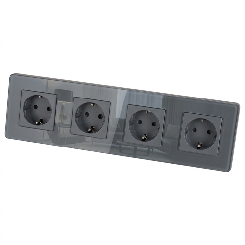 Viervoudig Schuko-Stopcontact Glas Glans Grijs Viervoudig Afdekraam En 4 X Stopcontact