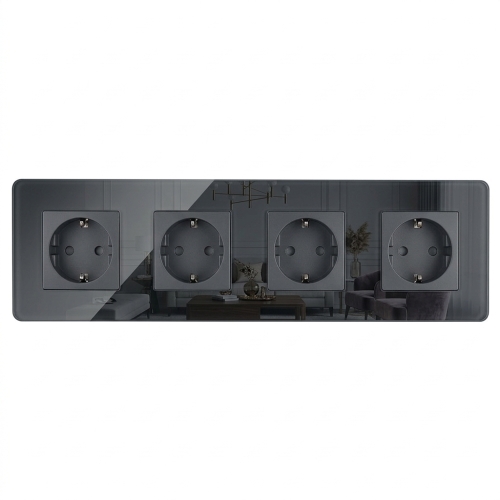 Viervoudig Schuko-Stopcontact Glas Glans Grijs Viervoudig Afdekraam En 4 X Stopcontact