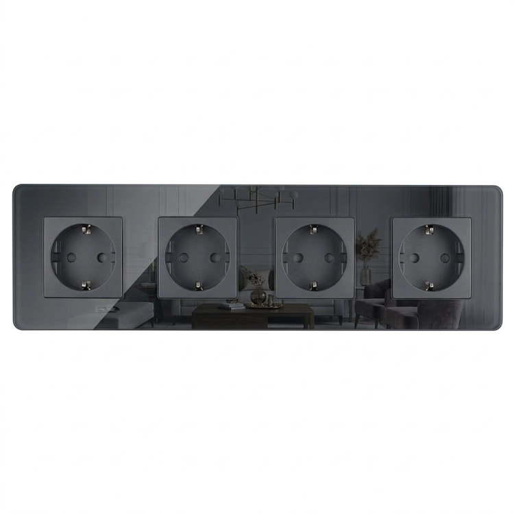 Viervoudig Schuko-Stopcontact Glas Glans Grijs Viervoudig Afdekraam En 4 X Stopcontact