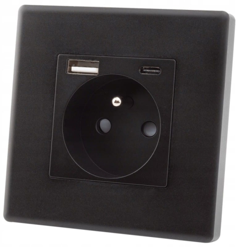 Stopcontact Zwart Met Aardpen + USB A+C 20W Set Met PVC-Afdekraam